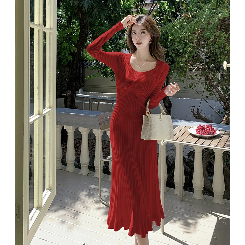 Coigarsam женское платье Весна 2024 однотонные вязаные платья с длинным рукавом и