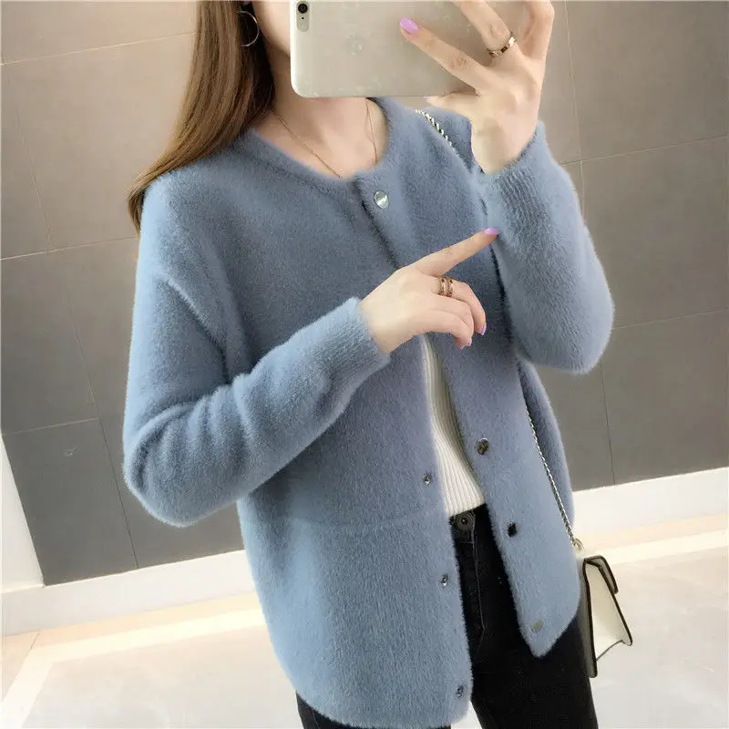 Mink Fur Autumn and Winter Sweater Coat 2022 New Women's Loose Velvet Long-sleeved Cardigan Female Sold Color Jacket Top Woman