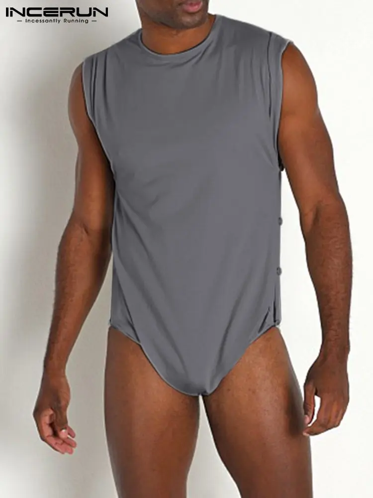 INCERUN Solid Color Men Bodysuits Pajamas O-neck Sleeveless 2023 Bodysuit Breathable Button Homewear Casual Men Rompers S-5XL