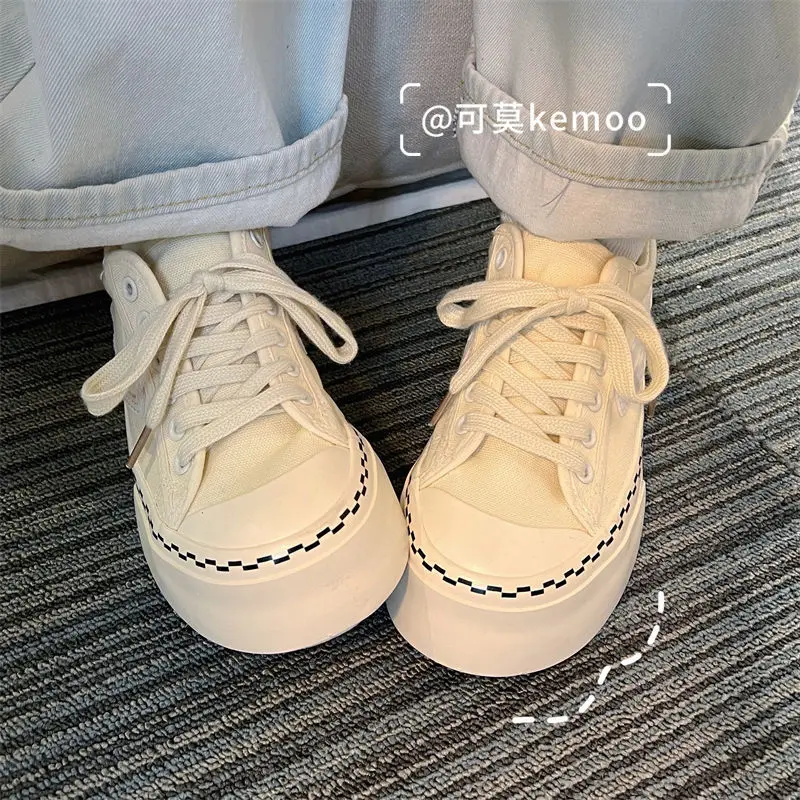 HOUZHOU Platform Sneakers 2022 Spring New White Pink Canvas Korean Casual Womens Sports Shoes Vulcanize Running Tennis Kawaii
