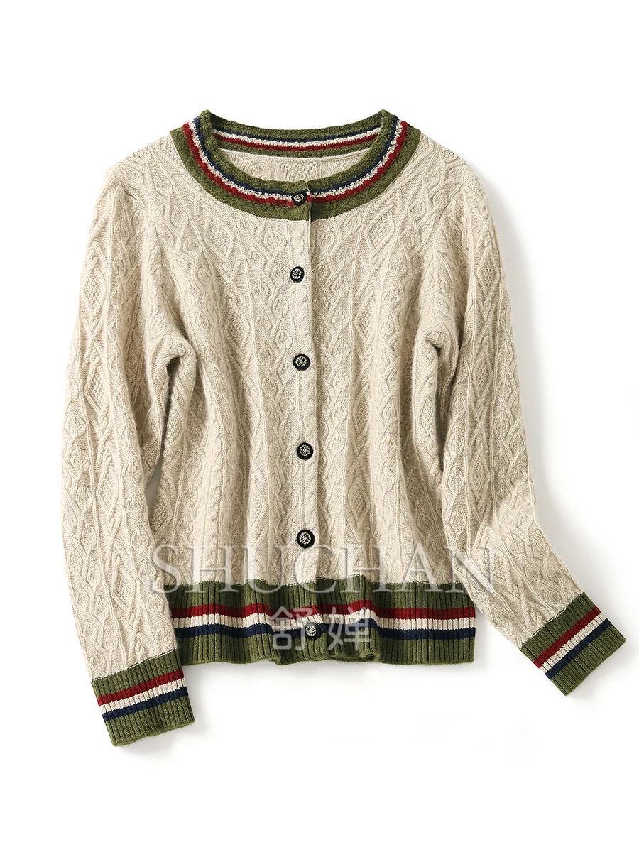 100% кашемировый кардиган Женский вязаный свитер с круглым вырезом Повседневный