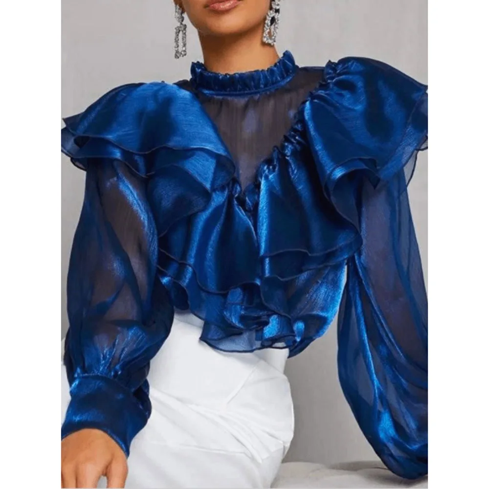 

Шикарная голубая женская блузка 2022, привлекательный прозрачный летний топ, женская модная блузка с длинным рукавом и оборками для ночного к...