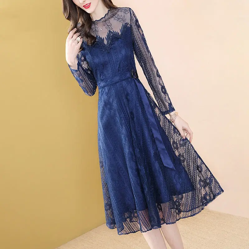 

Женское Сетчатое лоскутное платье, повседневное кружевное платье с вышивкой и длинным рукавом, ажурное празднивечерние платье K82, весна-осе...