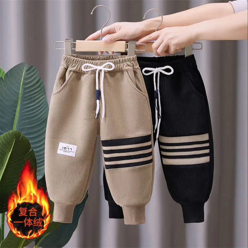 Boys' Fleece-Lined Pants New Winter Clothes One-Piece Velvet Corduroy Casual Trousers Children Thickened Cotton Pants Autumn