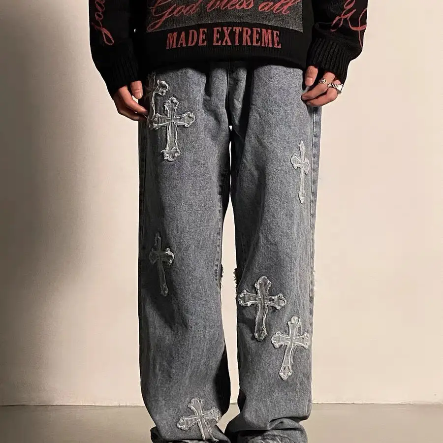 Men Emo Korean Harajuku Streetwear Alt Jeans Wide Leg Baggy Denim Pants Grunge Embroidered Low Waist Trousers Y2k Brand Clothes