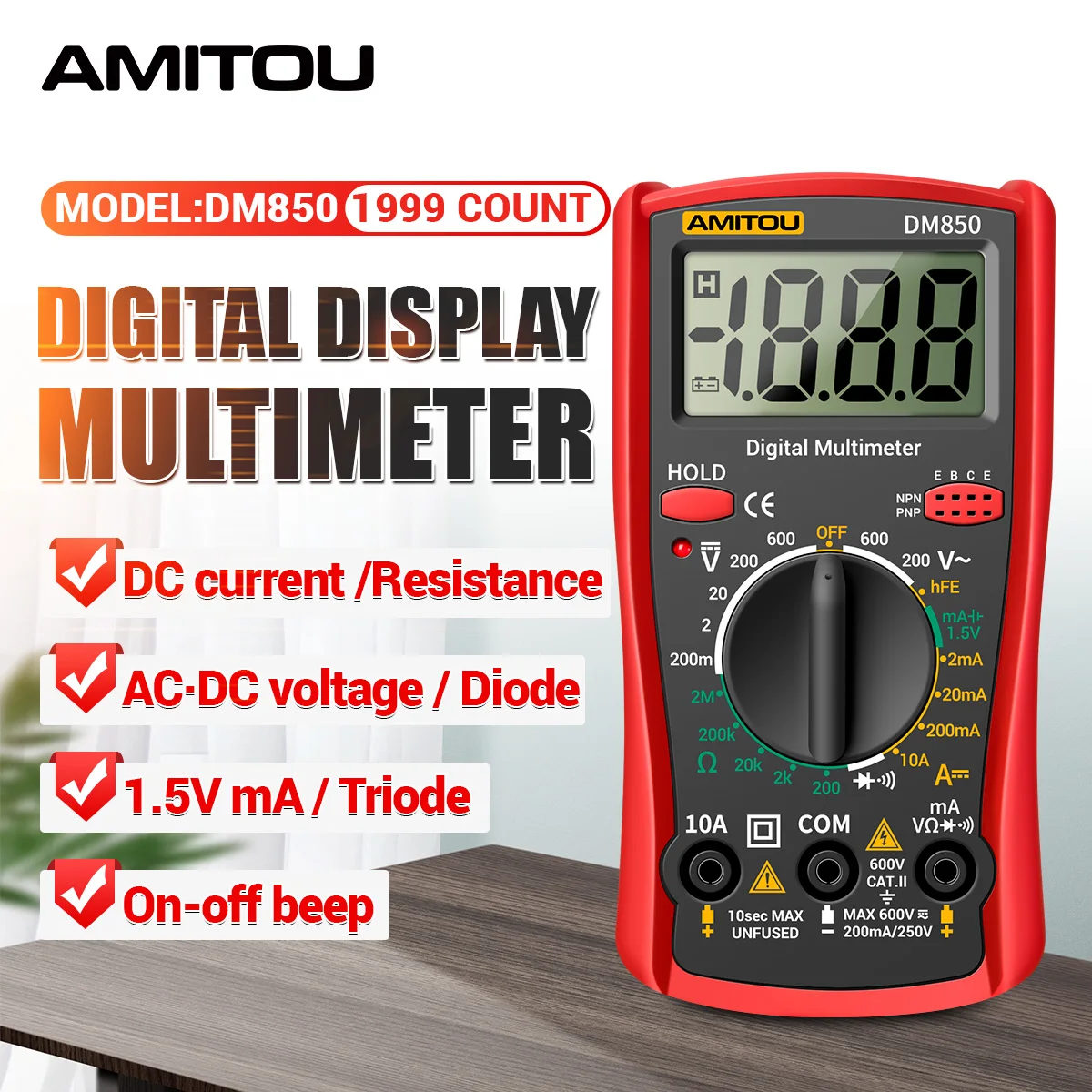 AMITOU DM850 Digital Multimeter 1999 Counts AC/DC Voltage Testers DC Current Meters Ohm Ammeter Diode Triode Detector Tools