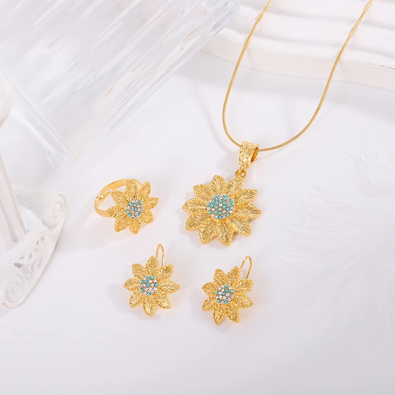 

MANDI Gold Plated Flower Shape Earrings Ring Necklace Sets 18k Non-fading Natural Stone Inlaid Ladies Jewelry Set of Three
