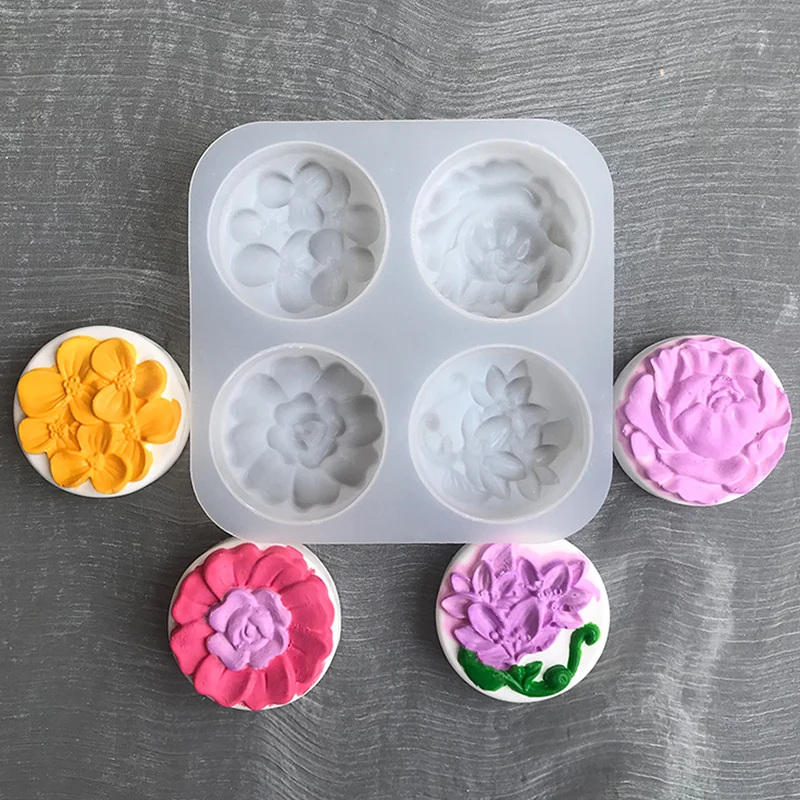 

4 Cavity Peony Rose Flower Shape Soap Silicone Mold DIY Fruit Lemon Slice Handmade Candle Chocolate Cake Baking Clay Resin Mould