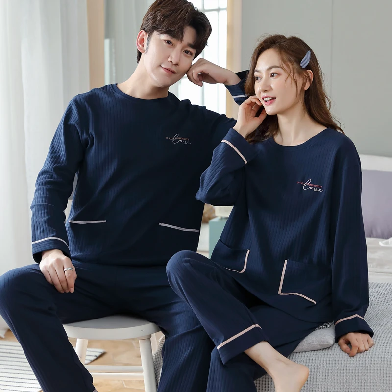 New Couple Long Sleeve Pants Pajamas Knitted Cotton O Collar Men Women Fashion Sleepwear for Youth Lovers pyjamas homme feminino