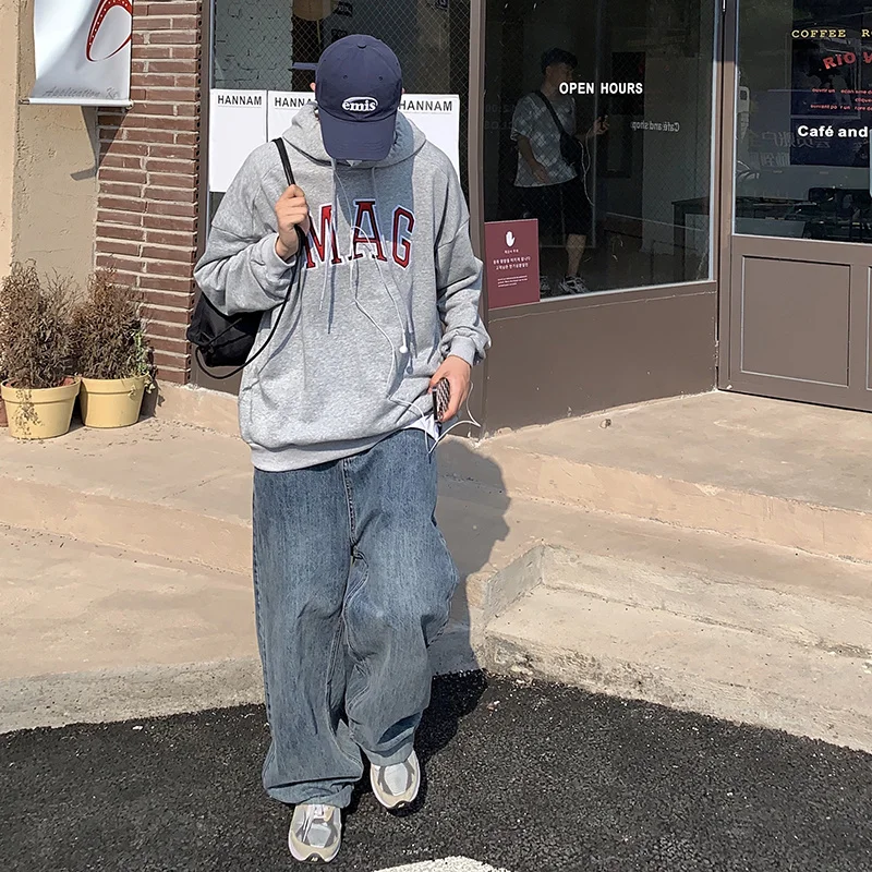 Oversized Baggy Jeans Men Fashion Blue Casual Wide Leg Jeans Men Streetwear Korean Loose Straight Denim Pants Mens Trousers