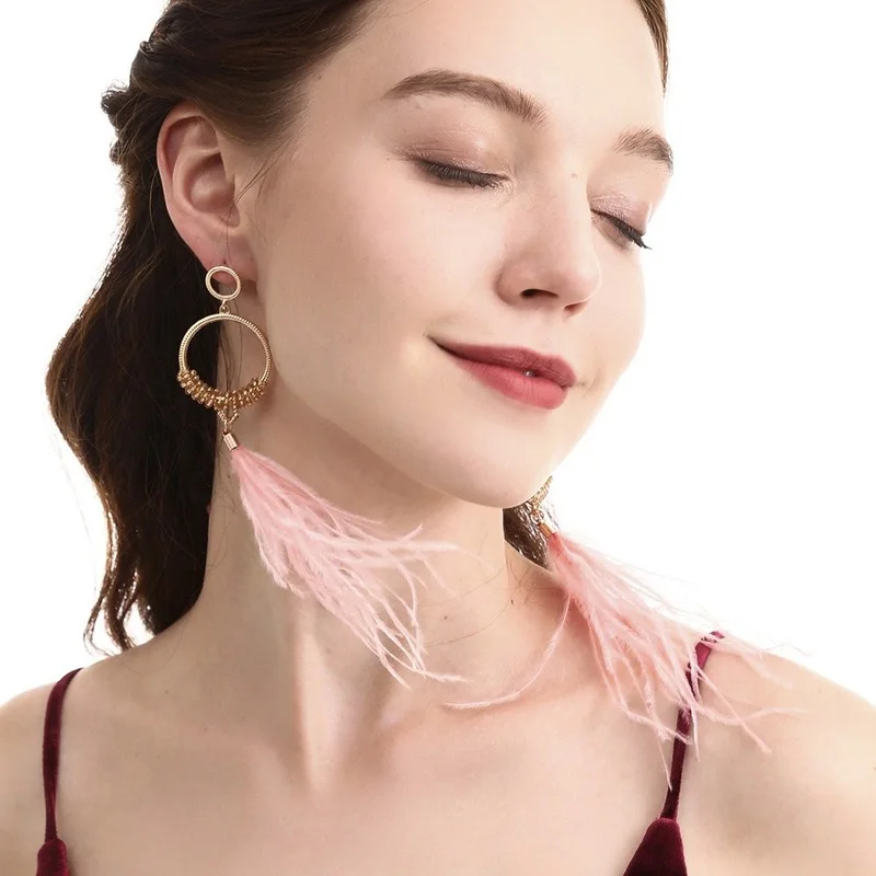 

2022 New Big Round Beaded Feather Tassel Earrings Women's Temperament Fashion Simple Bohemian Ethnic Long Earrings for Women