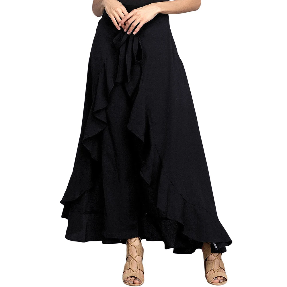 

Women Palazzo Pants Causal Ruffle Drawstring Trouser Elegant High Waist Irregular Loose Pure Color Autumn Female Pant Skirt