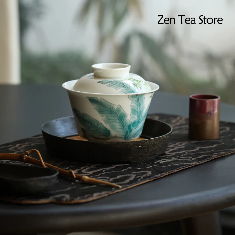 

Pure Hand-painted Underglaze Plantain Two Talents Cover Bowl Literati Tea Bowl Three Talents Cover Bowl Kung Fu Tea Set Tea Bowl