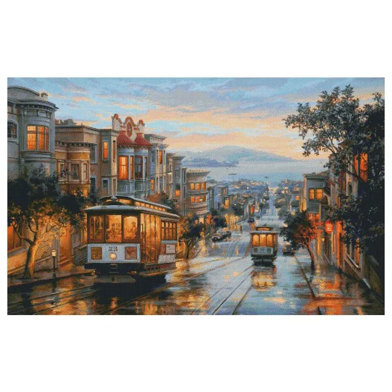 Amishop Gold Collection Набор для вышивки крестом Midnight Tram Town City Streetcar Dusk Evening Street