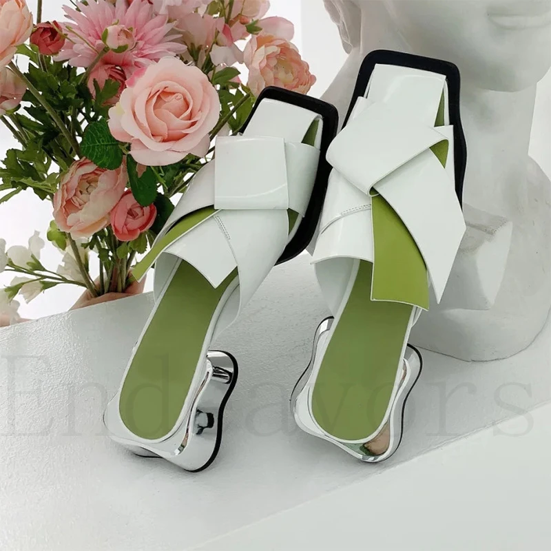 

Wave Soled Square Toe Woven Muller Shoes Mid Heeled Baotou Slippers Metal Low Heel Sandals Newest Summer Fashion Woman Slippers