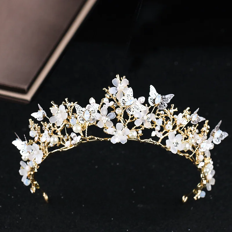 

Gold Color Bridal Crown Baroque Pearl Crystal Tiara Butterfly Hairband Wedding Hair Accessories Princess Party Bridesmaid Crown
