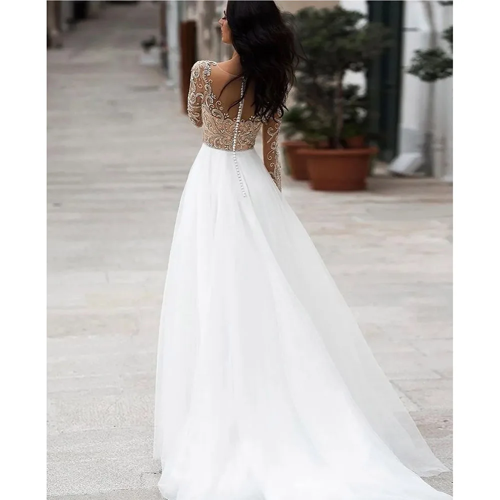 Элегантное свадебное платье с длинным рукавом аппликацией из органзы вышивкой