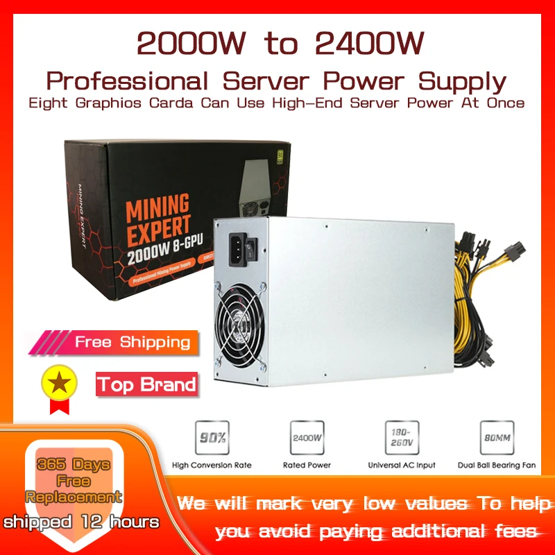 

2000W 2400W Server Power Supply 180V-260V ETH Bitcoin Mining Power Supply 90% Efficiency Support 8 GPU Card For Riser Antminer