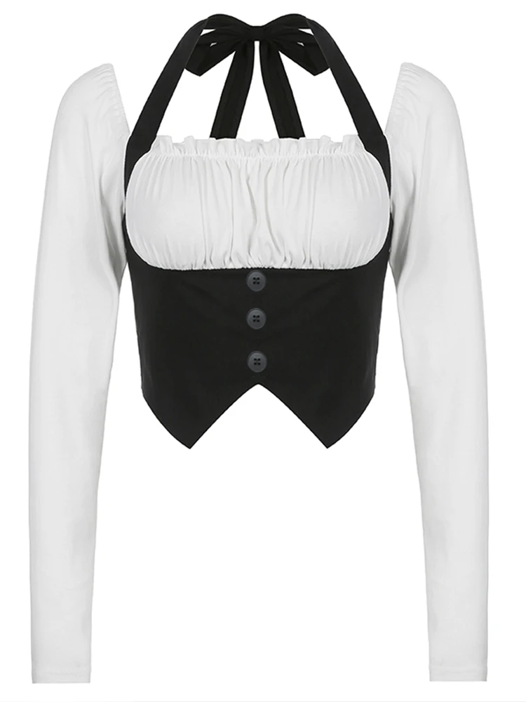 УКОРОЧЕННЫЙ ТОП Rapcopter Y2K с заплатками футболка на пуговицах оборками и длинным