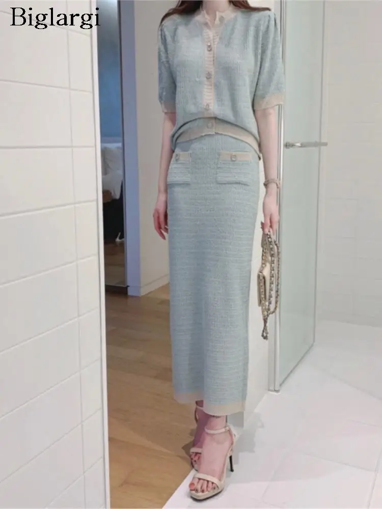 

Knitted Autumn 2 Two Piece Set Women Korea Style Elegant Fashion Ladies Cardigan Tops High Waist Bodycon Woman Skirt 2023