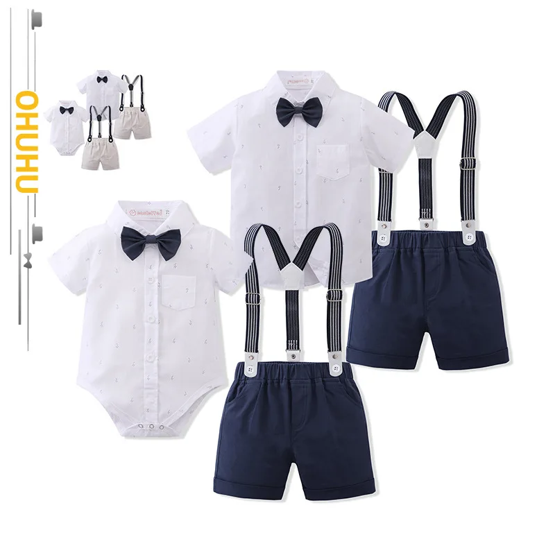 

2022 Summer New Children's Clothing Sets Thin Two-piece Short-sleeved Bowtie Shirt Romper+Suspenders Shorts Clothes 3159