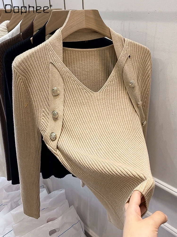 

Женский белый свитер с длинным рукавом на бретелях, Осень-зима, новинка 2022, рубашка с V-образным вырезом, женская верхняя одежда с открытыми п...