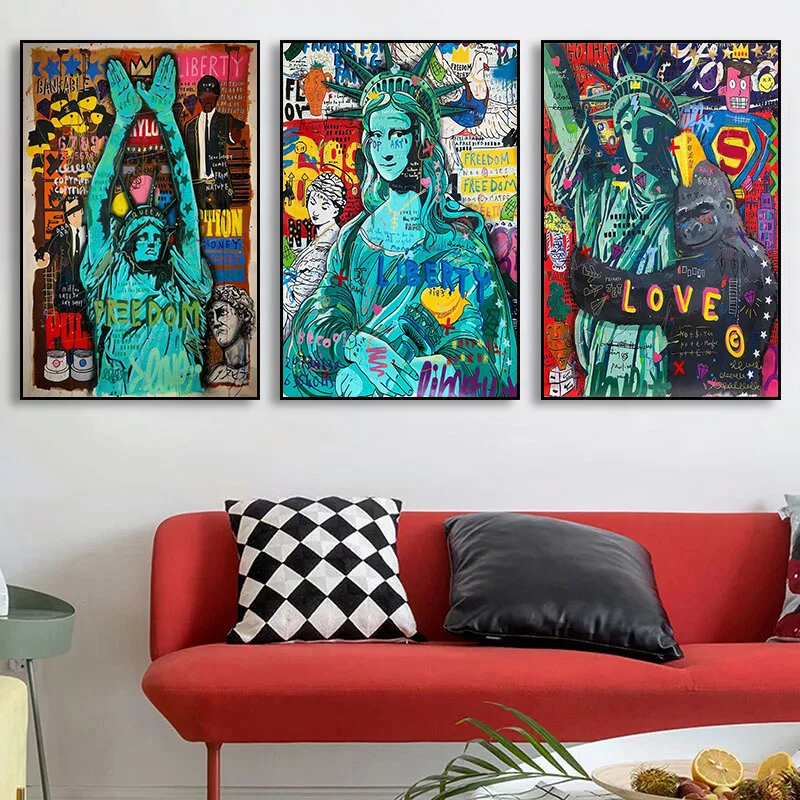

Street Graffiti Statue of Liberty Sculpture Pop Art Canvas Painting Prints Posters Abstract Wall Art Pictures Home Decor Cuadros
