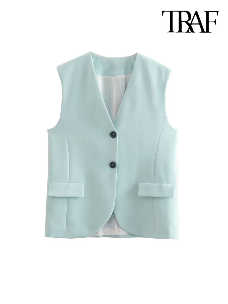 

TRAF Women Fashion Front Button Lapelless Waistcoat Vintage Sleeveless Flap Pockets Female Outerwear Chic Vest Tops