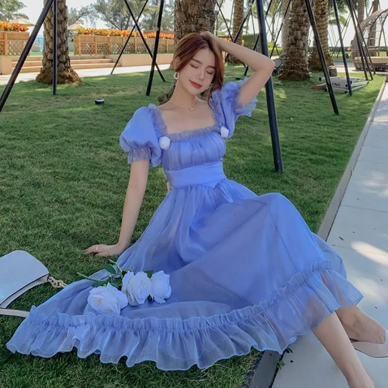 

Women Vintage Elegant Midi Dresses Blue Summer Retro Evening Party Birthday Dress 2022 French Sweet Korean Princess Fairy Dress