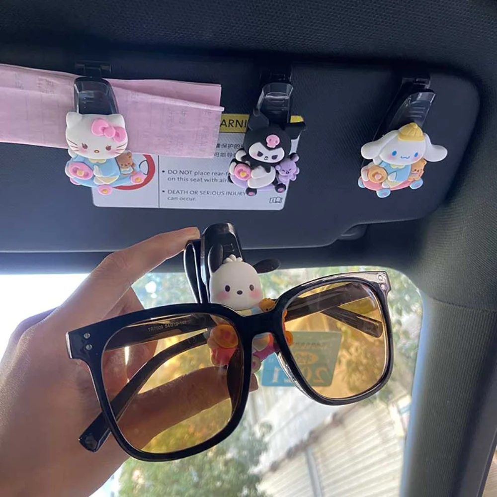 

Hello Kitty Anime Car Glasses Holder Sunglasses Clip Kawaii Sanrio Kuromi Card Ticket Holder Pen Clip Auto Interior Accessories