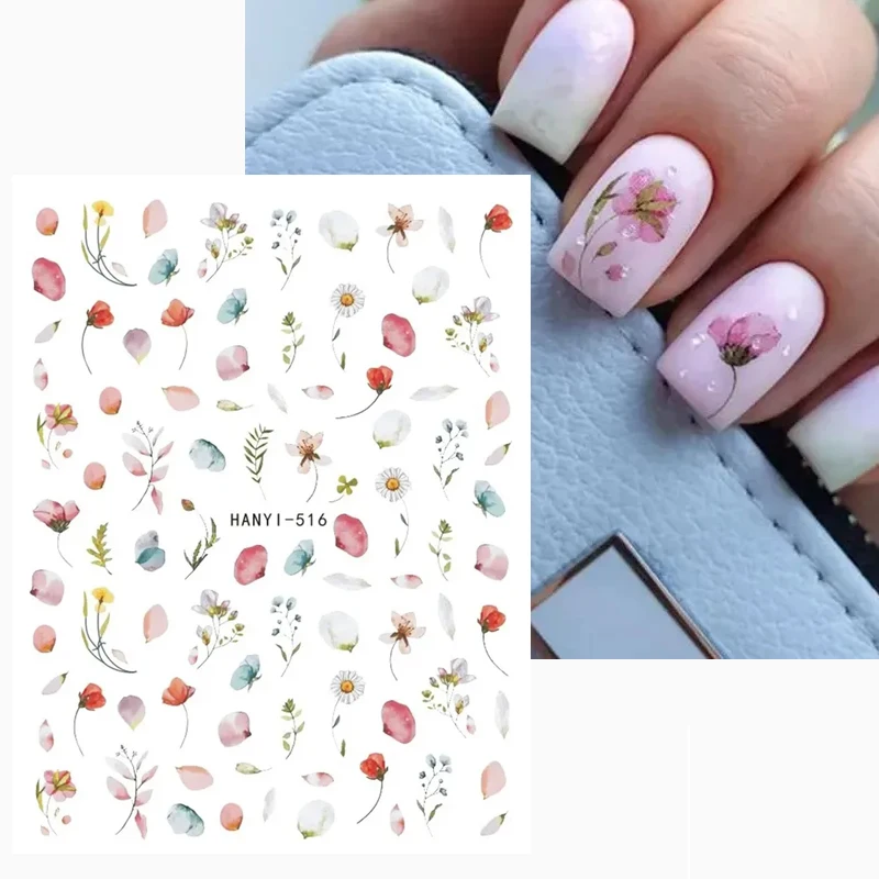 

Back Glue 3D Nail Stickers Pink Blue White Petals Florals Daisy Nuance Flowers Nail Decals For Nail Tips Beauty