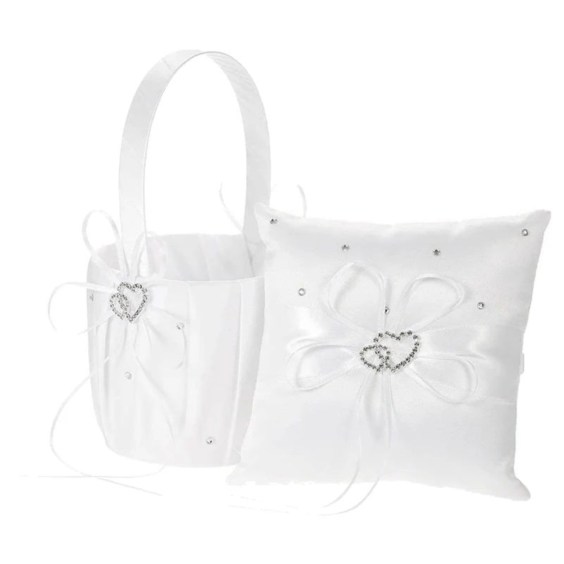 

Двойное сердце атласное кольцо Подушка и свадебная корзина для девочек с цветами Набор Свадебные принадлежности для вечеринок