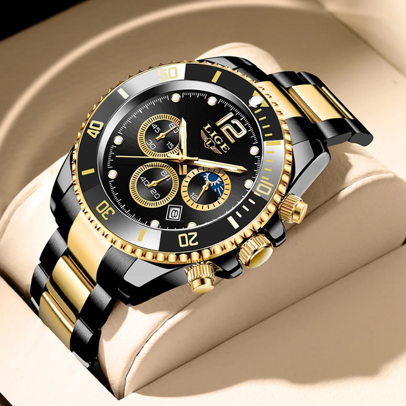 

LIGE Men Watches Top Brand Luxury Clock Casual Gold Stainless Steel Moon Phase Watch for Men Sport Waterproof Quartz Chronograph