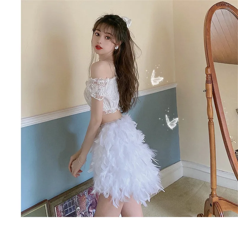 

Real Ostrich Feather Furry White Mini Short Skirts Lady Female Women's Skirt S22