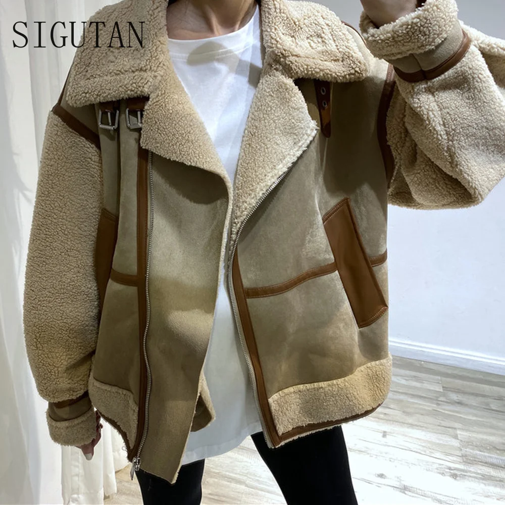 

Winter Women Thick Warm Vintage Patchwork Suede Lambswool Biker Jackets Coat Chic Loose Faux Leather Outwear Top Female Overcoat