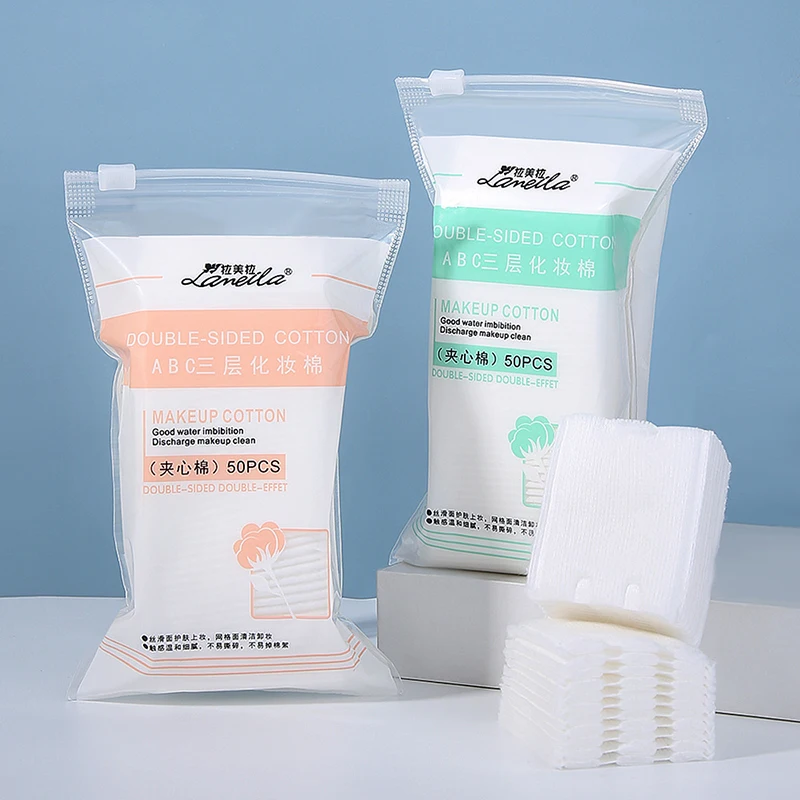 

50pcs Makeup Remover Pads Soft Three-layer Natural Cotton Facial Cleansing Wipes Thick Sandwich Makeup Cotton Beauty Tool