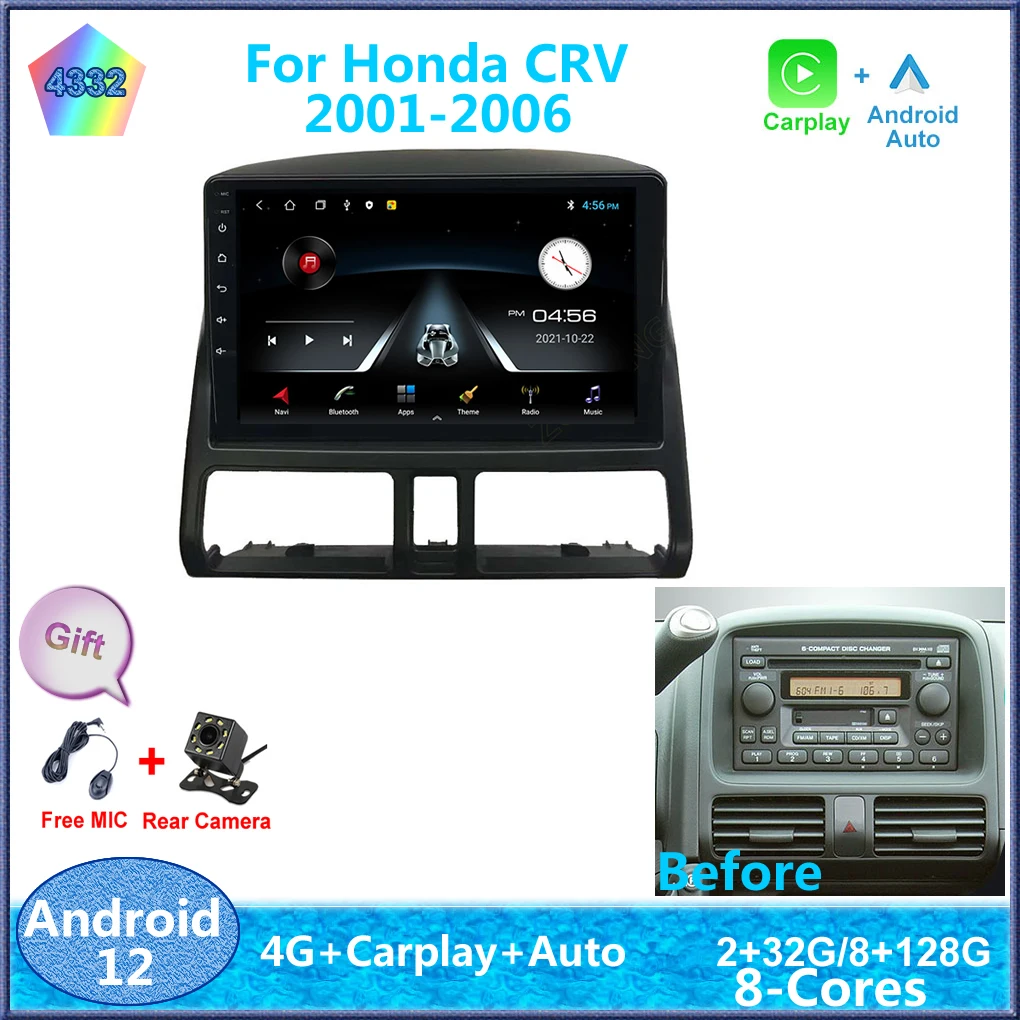 

9" For Honda CRV 2001-2006 Android 12 Carplay 8-Cores 4G Sim WiFi DSP RDS Car Radio Stereo Multimedia Player Auto GPS