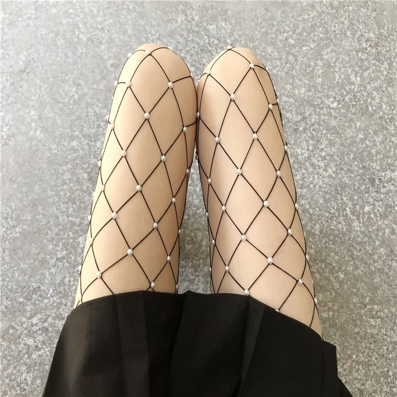

Spring New Net Red With Pearl Flower Fishnet Socks Handmade Nailbead Pantyhose Net Red Tide Sexy Stockings