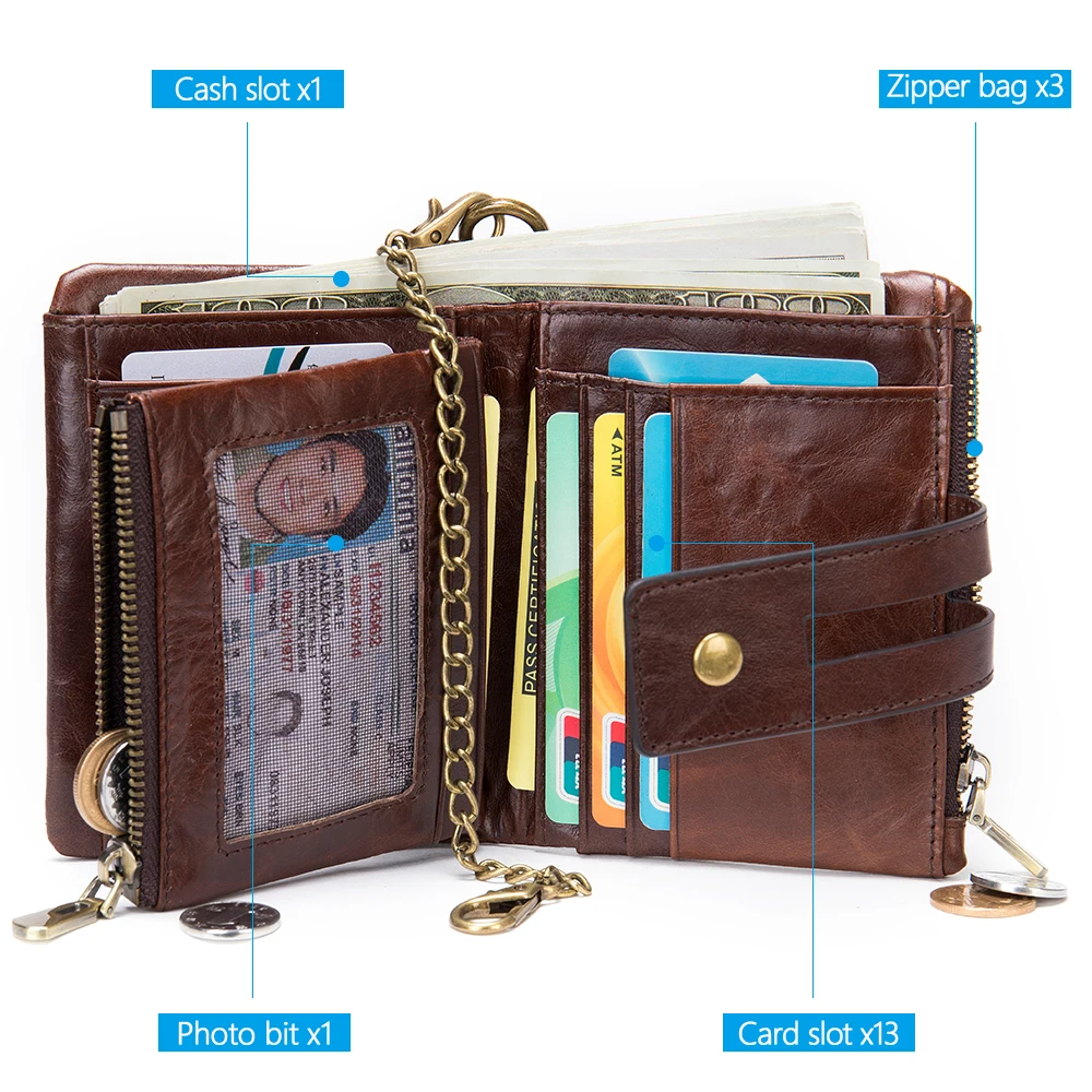 Мужской кошелек MVA с цепочкой из натуральной кожи двойной складной бумажник на