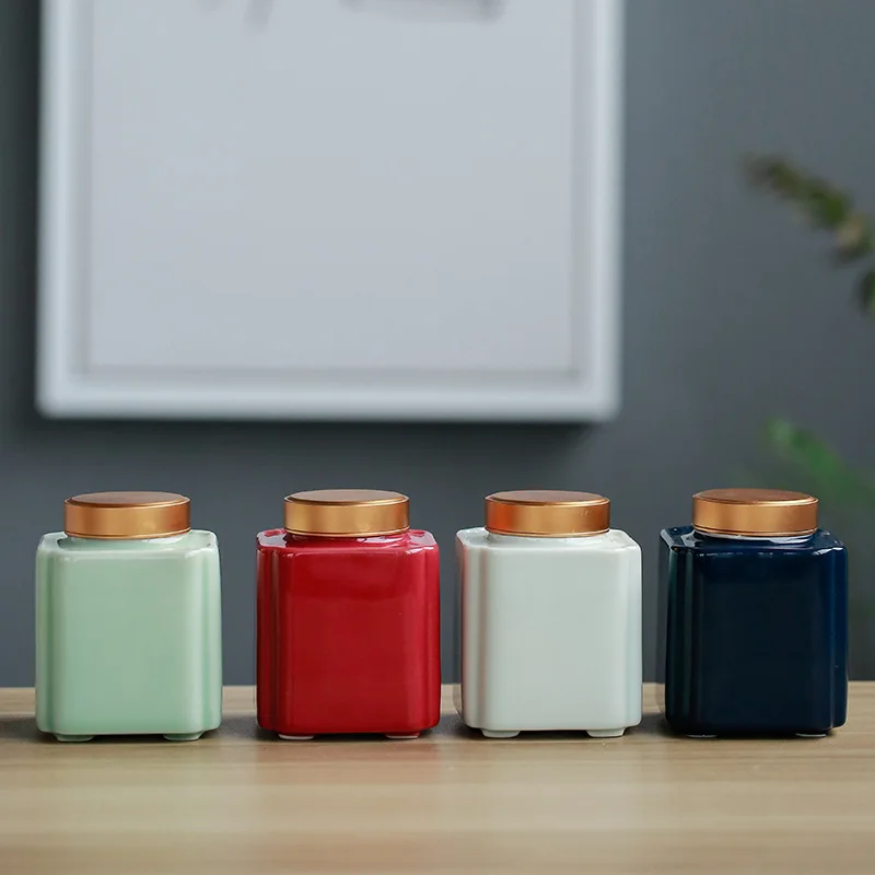 

Celadon Tea Pot Ceramic Sealed Pot with Lid Creative Square Storage Pot Nuts Coffee Beans Grain Storage Container Home Ornament
