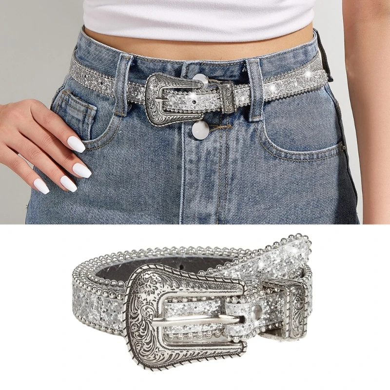 Woman Relief Pattern Buckle Belt for Dress Sequins Waist Belt Locomotive Belt