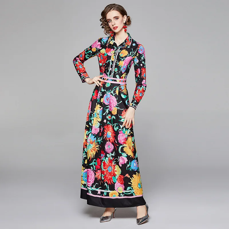 Spring Women's Clothing 2022 New Long Skirt Retro Long Sleeve Slim Fit Pleated Print Dress