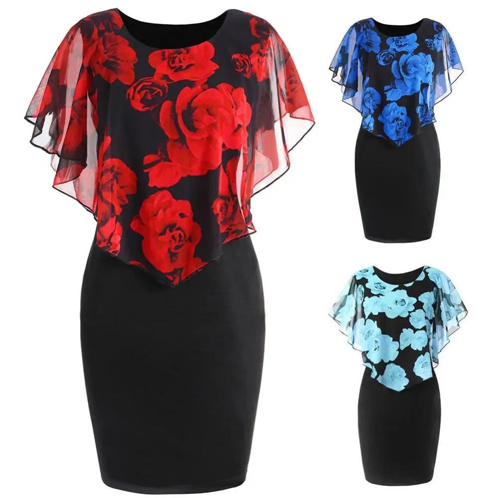 

Women Dress Plus Size Elegant Office Lady Rose Flower Print Cape Bodycon Knee Length Dress