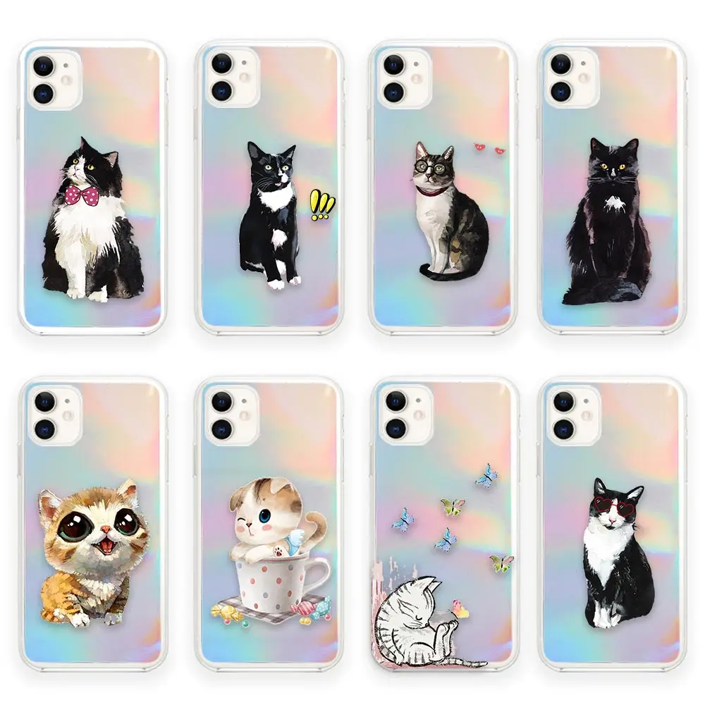

Laser Dazzle Clear Case Coques for iPhone 13 12 11 SE 2022 X XR XS 8 7 14 Pro Mini Max Plus Fundas Cases Cute Cat Hand-painted