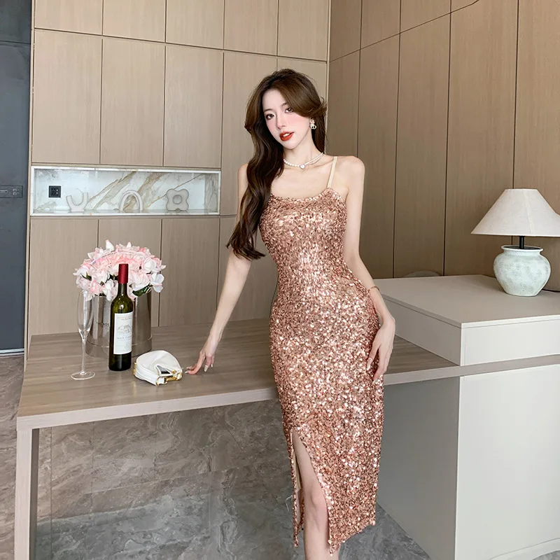 

Sexy Style Sparkling Sequin Suspender Dress Women's Prom Party Evening Dresses Temperament Slim Fitting Buttocks Wrapped Dress