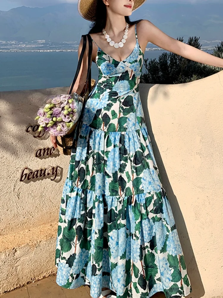 

Women Elegant Beach Dress Summer Floral Print Slim V-neck Long Dresses Ladies Vintage A-line Backless Boho Long Robe Vestidos