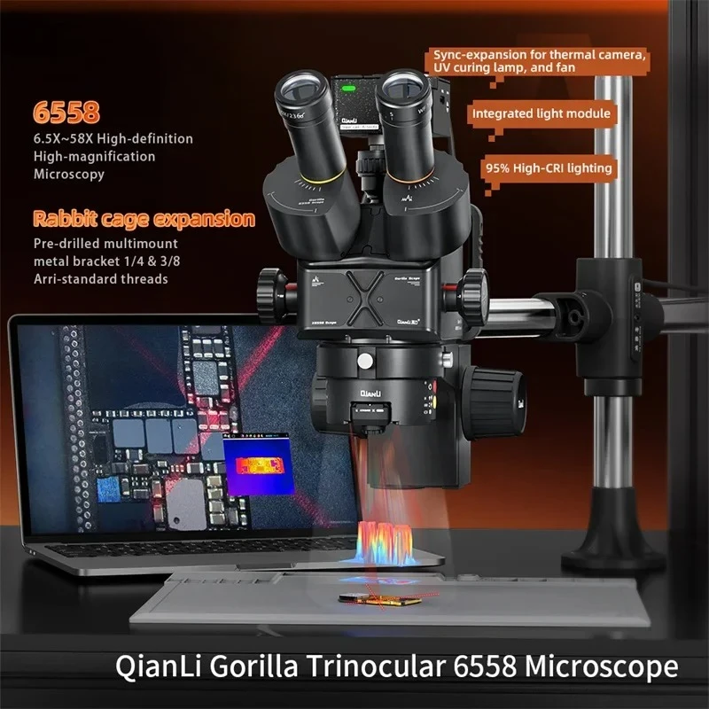 Фото Микроскоп Qianli 6558x Gorilla Trinocular с 6.5X-58X зумом для ремонта материнских плат мобильных телефонов, промышленный электронный микроскоп №2