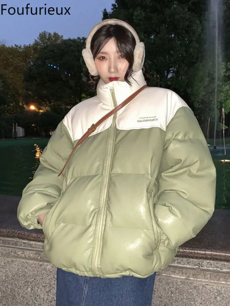 

Роза Харадзюку фруктовая зеленая из ПУ кожи хлопковая одежда Женская Толстая 2022 зимняя корейская мода теплая одежда для хлеба свежая Свобо...