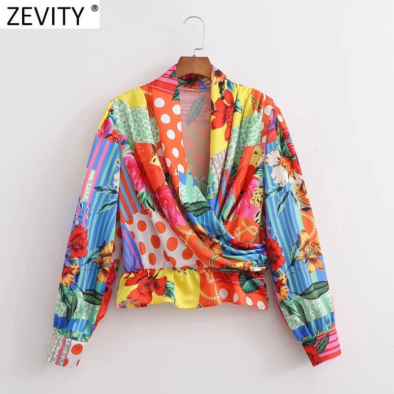 

Zevity New Women Fashion Cloth Patchwork Print Cross Kimono Blouse Female Pleats Elastic Waist Ruffles Shirt Chemise Tops LS9868