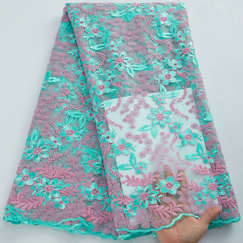 

SJD LACE Nigeria Lace Fabric For Wedding High Quality African French Tulle Lace Fabric with Beads for Party Dress Sewing A3018